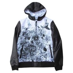 $795 Daniel Won Lamb Leather Sleeve Jacket Large Black + White Hooded Scuba NWT